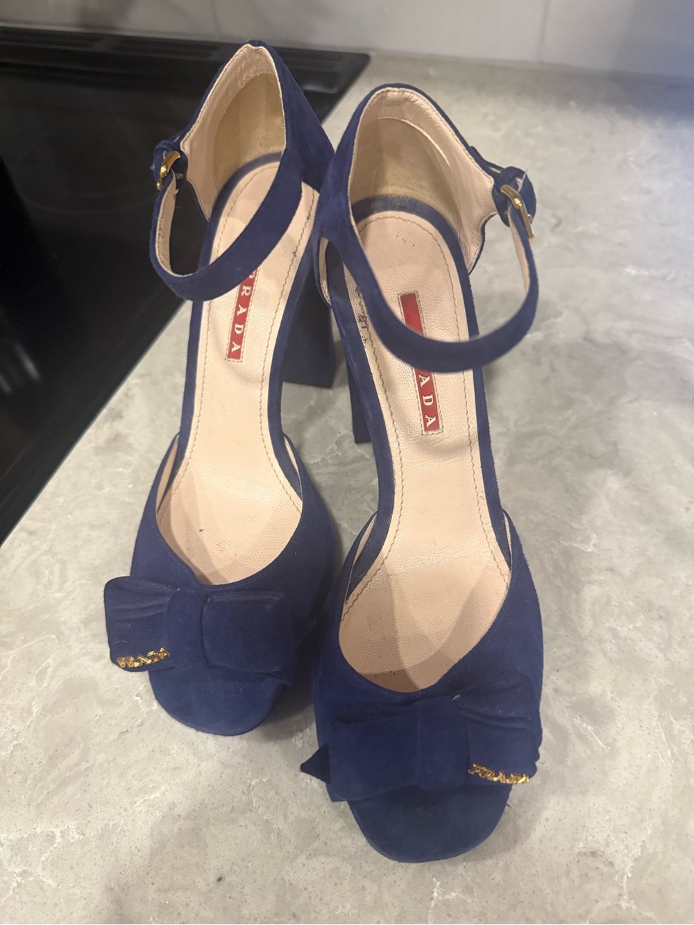 Prada Periwinkle Blue Suede Bow Ankle-Strap Block Heels. Originally $750